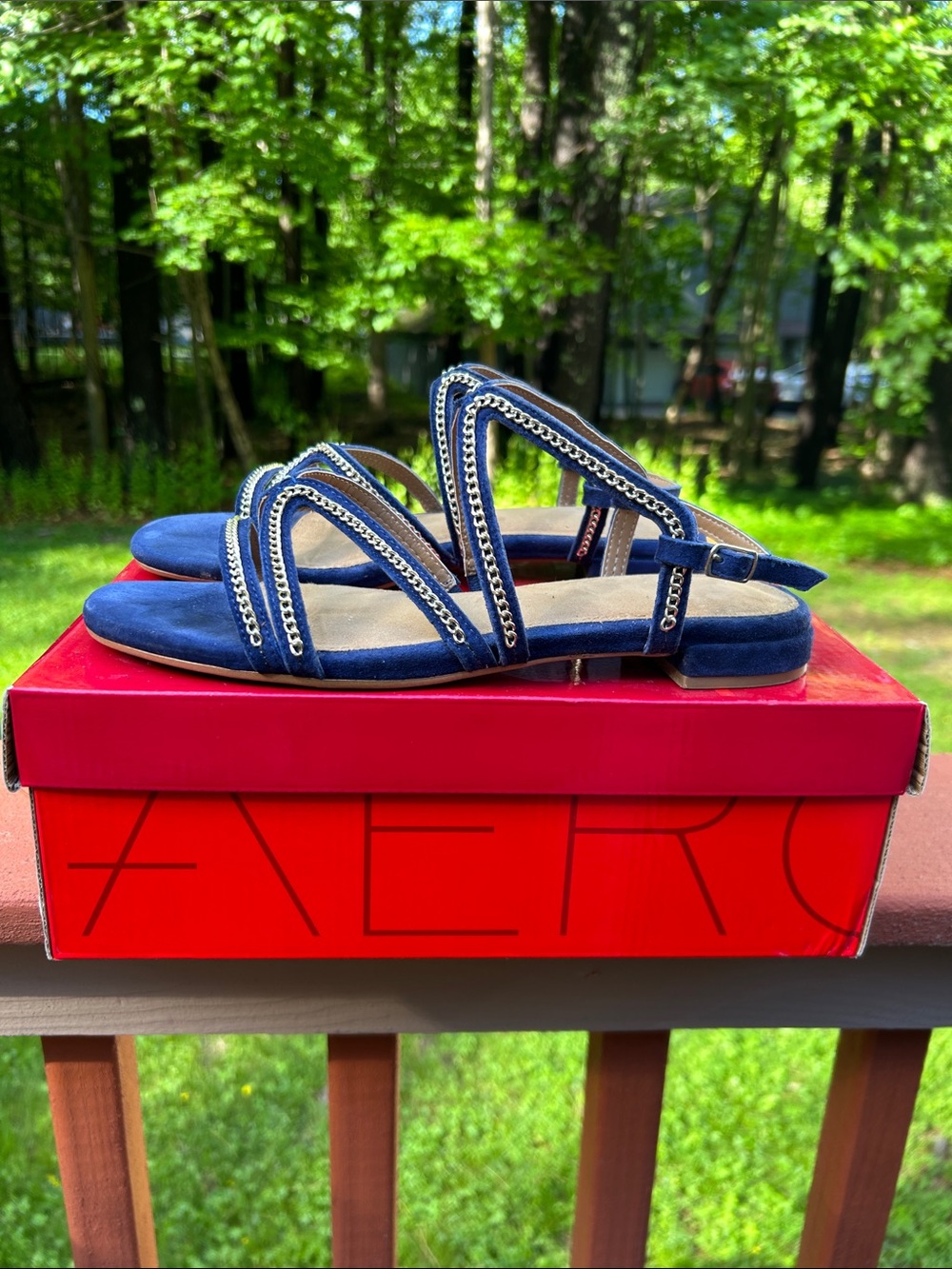 AEROSOLES Navy Blue Suede Chain-Trim Sandals - Picture 3 of 6